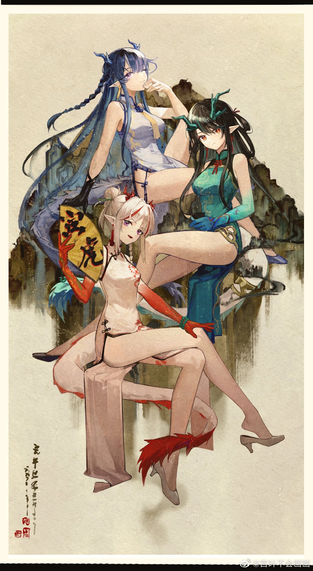 :d ;) alternate_hairstyle arknights artist_name bare_legs bare_shoulders black_footwear black_gloves black_hair blue_hair blue_skin border braid breasts brown_background chinese_commentary closed_mouth colored_skin commentary_request covered_navel crossed_legs cup dragon_girl dragon_horns dragon_tail dress dusk_(arknights) dusk_(everything_is_a_miracle)_(arknights) earrings folding_fan full_body gloves gradient_skin green_dress green_hair hair_bun hand_fan high_heels highres holding holding_cup holding_fan horns jewelry knee_up large_breasts leg_tattoo ling_(arknights) long_hair looking_at_viewer medium_breasts multicolored_hair nian_(arknights) nian_(unfettered_freedom)_(arknights) official_alternate_costume one_eye_closed open_mouth pelvic_curtain pointy_ears red_eyes red_skin redhead shoe_dangle short_hair siblings silver_hair single_glove sisters sitting sleeveless sleeveless_dress smile streaked_hair tail tattoo two-tone_hair very_long_hair violet_eyes weibo_username white_border white_dress white_footwear white_hair