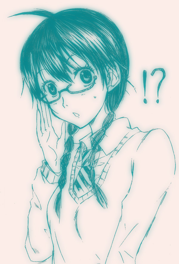 1girl adachi_hana adjusting_glasses ahoge braid eyelashes fujimaru_arikui glasses hands mole monochrome necktie open_mouth school_uniform sketch solo surprise surprised sweat sweater twin_braids yankee-kun_to_glasses-chan