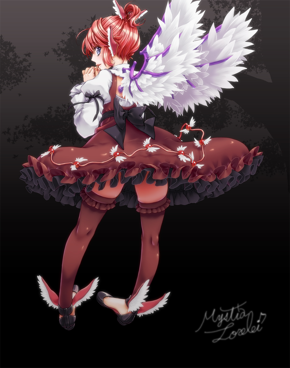 animal_ears blue_eyes dress hair_up kneepits legs looking_back mystia_lorelei pink_hair short_hair solo thigh-highs thighhighs touhou usaki winged_shoes wings zettai_ryouiki