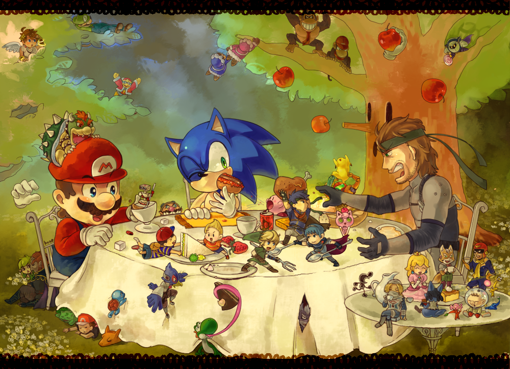 apple bone_(artist) boned_meat bowser cake candy captain_falcon charizard crazy_hand cup diddy_kong donkey_kong eating everyone f-zero falco_lombardi fire_emblem food fox_mccloud fruit ganondorf giant holding holding_fork holding_spoon hot_dog ice_climber ice_climbers ike ivysaur jigglypuff kid_icarus king_dedede kirby kirby_(series) link lucario lucas luigi mario marth master_hand meat meta_knight metal_gear metal_gear_solid metroid miniboy mother_(game) mr._game_&amp;_watch nana_(ice_climber) ness nintendo olimar pastry pie pikachu pikmin pikmin_(creature) pit pokemon pokemon_(game) pokemon_rgby pokemon_trainer popo_(ice_climber) princess_peach r.o.b r.o.b. red_(pokemon) red_(pokemon)_(remake) samus_aran sandwich sheik solid_snake sonic sonic_the_hedgehog squirtle star_fox strawberry super_mario_bros. super_smash_bros. teacup the_legend_of_zelda toon_link wario whispy_woods wolf_o'donnell wolf_o'donnell yoshi