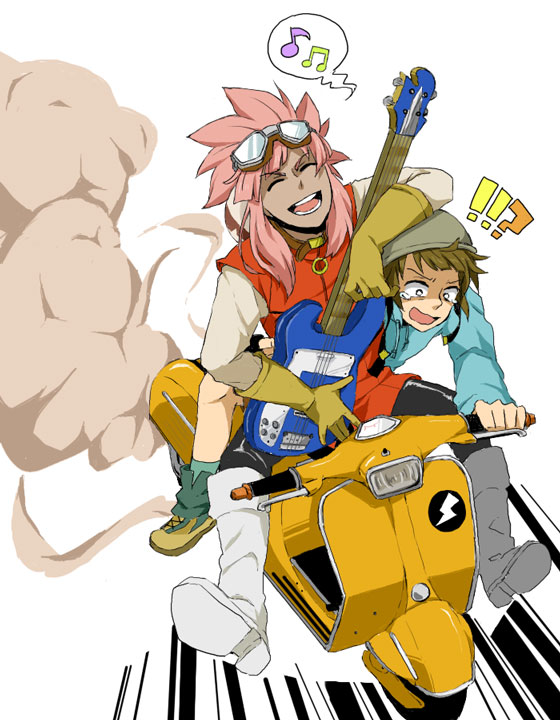 2boys boots closed_eyes crossover duo flcl gloves goggles guitar helmet inazuma_eleven male musical_note open_mouth pink_hair scooter shota simple_background tachimukai_yuuki tears tsunami_jousuke vespa white_background