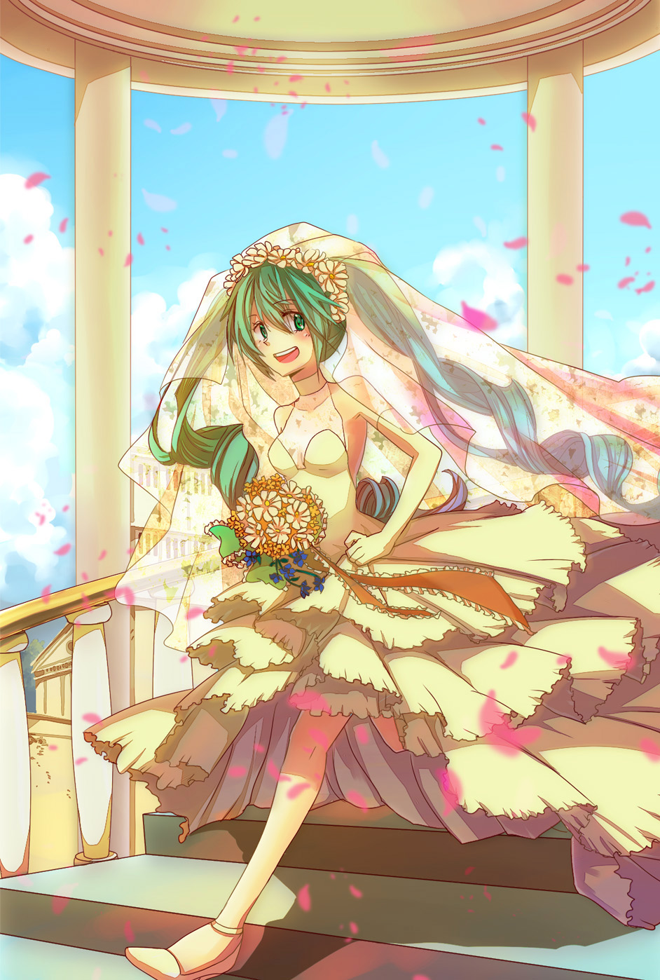 bad_id bouquet bridal_veil bride choker cloud clouds dress flower gown green_eyes green_hair hatsune_miku highres long_hair petals pillar running sky smile solo stairs twintails veil vocaloid wedding_dress zanunoneko