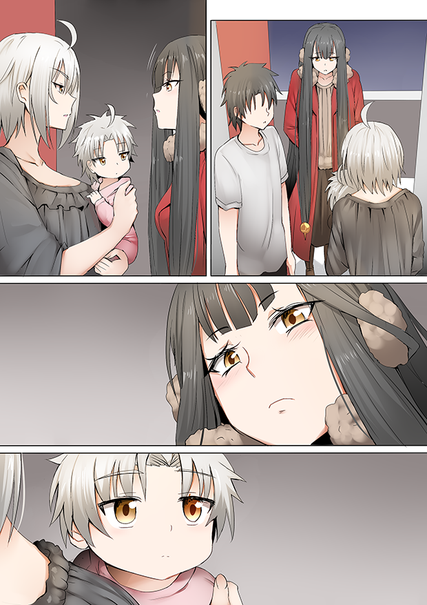 2boys 2girls absurdly_long_hair ahoge bangs black_hair blush breasts child cleavage coat comic commentary_request doorway earmuffs eyebrows_visible_through_hair fate/grand_order fate_(series) fujimaru_ritsuka_(male) fur_trim ginhaha hands_in_pockets holding jeanne_d'arc_(alter)_(fate) jeanne_d'arc_(fate)_(all) long_hair long_sleeves looking_down looking_up multiple_boys multiple_girls open_mouth red_coat semiramis_(fate) shirt short_hair short_sleeves silent_comic silver_hair t-shirt very_long_hair winter_clothes winter_coat yellow_eyes