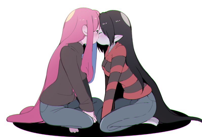 2girls adventure_time arm_support barefoot bite_mark black_hair blush closed_eyes commentary_request couple denim feet grey_skin indian_style jeans kiss long_hair looking_at_another marceline_abadeer multiple_girls pants pink_hair pink_skin pointy_ears princess_bonnibel_bubblegum rokuromi shirt simple_background sitting striped striped_shirt sweater turtleneck turtleneck_sweater v-neck vampire very_long_hair white_background yuri