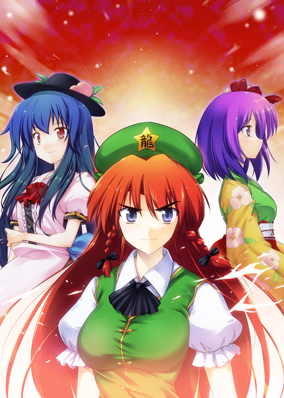 blue_eyes blue_hair braid breasts food fruit hat hieda_no_akyuu hinanawi_tenshi hong_meiling impossible_clothes impossible_shirt japanese_clothes kiku_hitomoji long_hair multiple_girls peach purple_eyes purple_hair red_eyes red_hair redhead shirt short_hair touhou violet_eyes