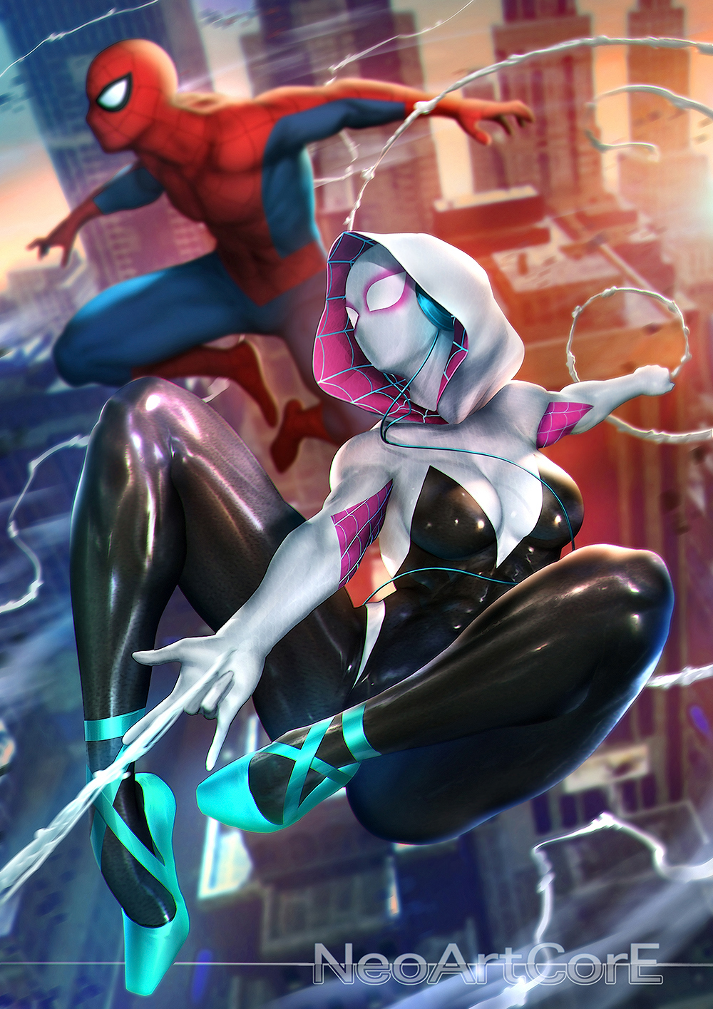 1boy 1girl \m/ artist_name blurry bodysuit breasts building city commentary_request depth_of_field headphones highres hood lens_flare marvel midair nudtawut_thongmai outstretched_arms silk skyscraper spider-gwen spider-man spider-man_(series) spider_web spider_web_print superhero toned wind