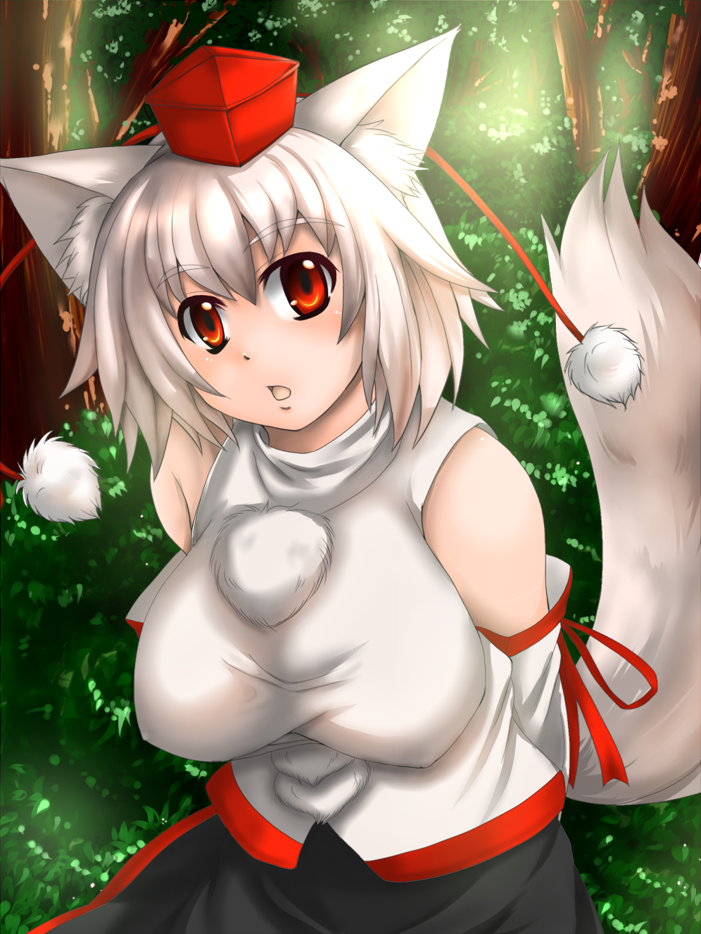 animal_ears arms_behind_back bad_id breasts detached_sleeves hat highres inubashiri_momiji large_breasts memento_mori_(pixiv) red_eyes short_hair silver_hair solo tail tokin_hat touhou wolf_ears wolf_tail