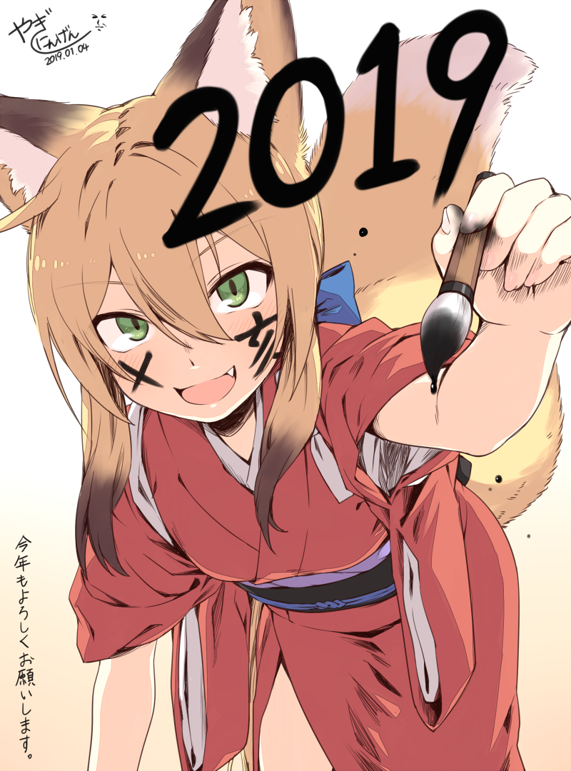 1girl 2019 animal_ear_fluff animal_ears blonde_hair calligraphy_brush commentary_request eyebrows_visible_through_hair fang fox_ears fox_girl fox_tail gradient gradient_background green_eyes hair_between_eyes holding holding_brush ink japanese_clothes kimono leaning_forward long_sleeves looking_at_viewer new_year obi open_mouth original paintbrush sash sidelocks signature solo tail translated wide_sleeves yagi_(ningen)