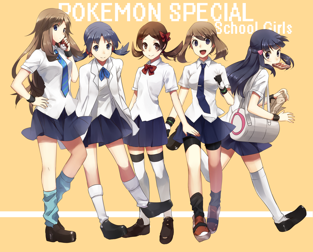alternate_costume bag bike_shorts black_hair blazer blue_(pokemon) blue_eyes blue_hair bow bowtie brown_eyes brown_hair crystal_(pokemon) duffel_bag earrings flat_chest gloves hair_bow hair_ornament hand_on_hip happy holding holding_poke_ball jewelry kneehighs kotone_(pokemon) legs lineup loafers long_hair looking_back loose_socks mouth_hold multiple_girls necktie no_bandana odamaki_sapphire platinum_berlitz pleated_skirt poke_ball pokemon pokemon_(game) pokemon_dppt pokemon_gsc pokemon_rgby pokemon_rse pokemon_special raemz running school_uniform shoes short_hair short_twintails skirt smile sneakers socks standing star thigh-highs thighhighs title_drop toast toast_in_mouth twintails weee_(raemz) white_legwear wristband