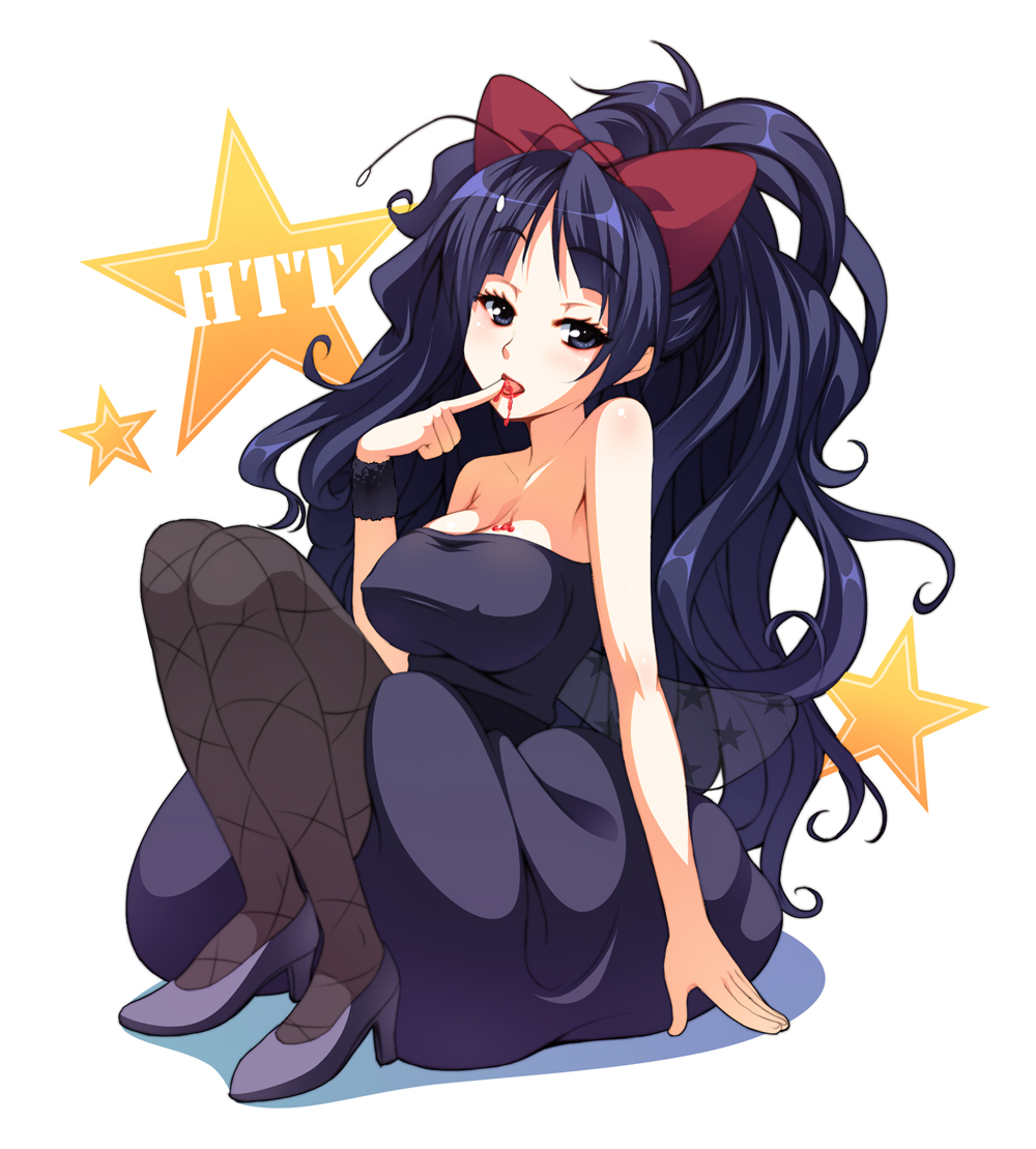 1girl akiyama_mio antenna antennae black_eyes black_hair bow breasts cleavage dress hair_bow high_heels juice k-on! large_breasts listen!! long_hair pantyhose senji_(tegone_spike) shoes sitting solo star strapless_dress wristband