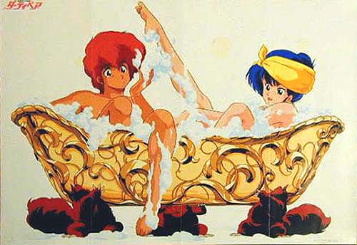 bath bath_kick bathtub bubble_bath dirty_pair kei_(dirty_pair) towel_on_head yuri_(dirty_pair)