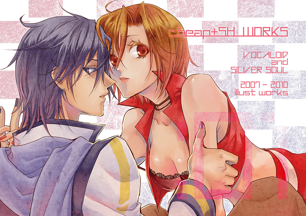 1boy 1girl blue_eyes blue_hair breasts brown_eyes brown_hair cleavage couple hetero kaito meiko nail_polish norihe scarf short_hair vocaloid