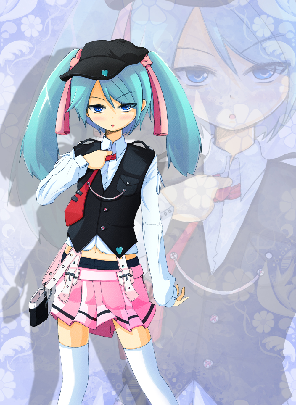 adjusting_tie aqua_hair belt blue_eyes blush floral_print hassima hat hatsune_miku heart highres long_sleeves midriff navel necktie shadow skirt solo thigh-highs thighhighs twintails vest vocaloid zettai_ryouiki zoom_layer