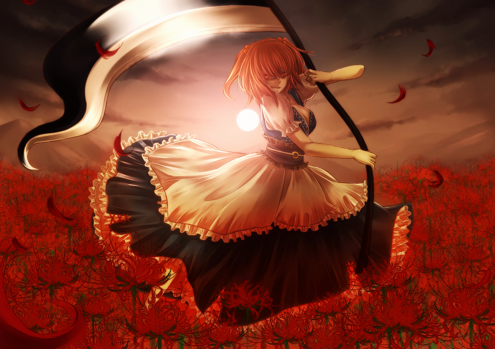cleavage dress flower frills hair_bobbles hair_ornament higanbana large_breasts mountain onozuka_komachi petals red red_eyes red_hair redhead scythe spider_lily sunset touhou yuha_(yh-krm)