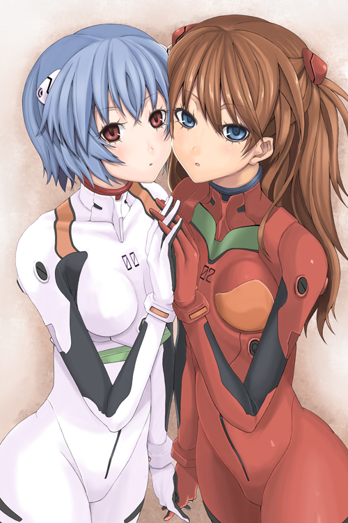 ayanami_rei blue_eyes blue_hair blush bodysuit breast_press breasts brown_hair hands holding_hands long_hair multiple_girls neon_genesis_evangelion plugsuit red_eyes short_hair skin_tight souryuu_asuka_langley symmetrical_docking tawara_hiryuu