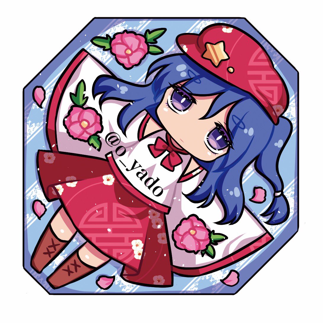 1girl blue_eyes blue_hair boots bow bowtie brown_footwear cabbie_hat chibi commentary_request cross-laced_footwear flat_cap flower hat hat_ornament label_girl_(dipp) long_sleeves medium_hair pink_flower pink_rose red_bow red_bowtie red_headwear red_skirt rose side_ponytail skirt sleeves_past_fingers sleeves_past_wrists star_(symbol) star_hat_ornament touhou twitter_username vest white_sleeves white_vest wide_sleeves yadoyuki