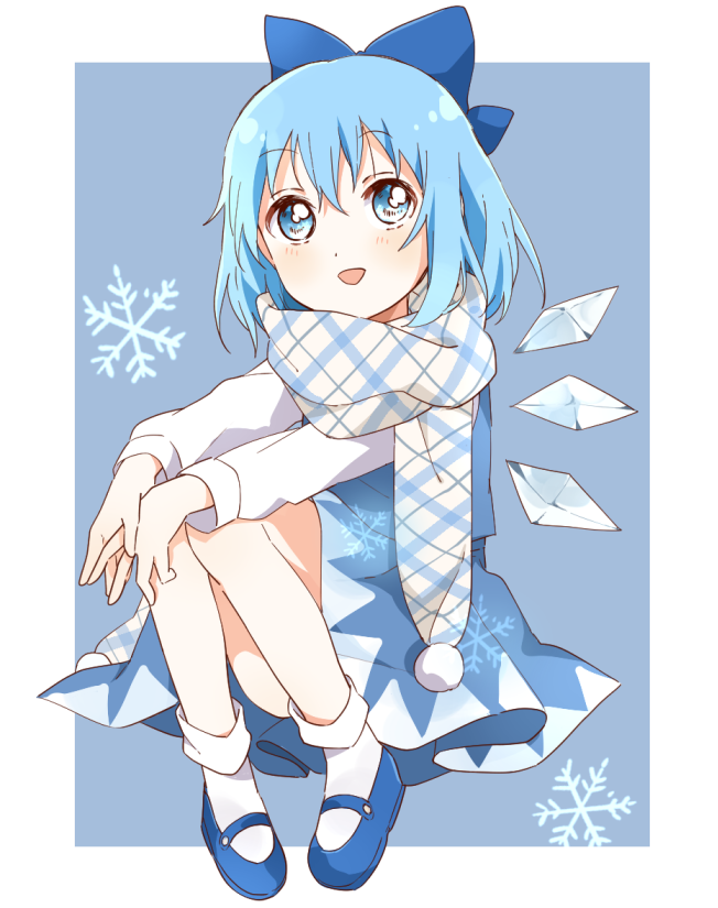 1girl :d bangs blue_background blue_bow blue_dress blue_eyes blue_footwear blue_hair blue_scarf bobby_socks border bow cirno convenient_leg dress eyebrows_visible_through_hair floating full_body hair_between_eyes hair_bow ice ice_wings knees_up light_blush long_sleeves looking_at_viewer medium_hair outside_border pinafore_dress plaid plaid_scarf pom_pom_(clothes) sasaki_sakiko scarf simple_background smile snowflakes socks solo touhou v_arms white_border white_legwear wings