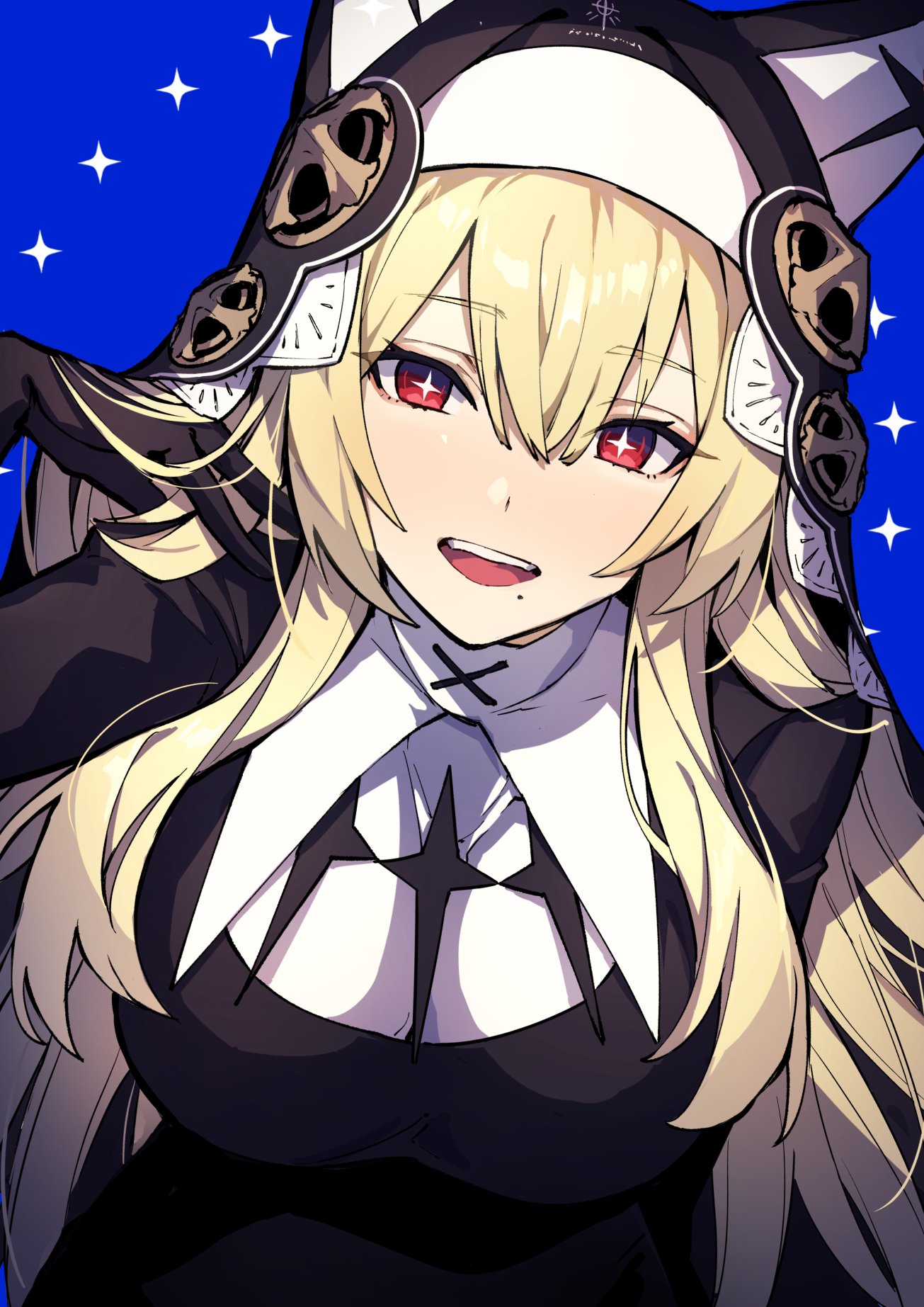 animal_ears black_dress black_gloves blonde_hair breasts bright_pupils cross dress eyebrows_visible_through_hair eyelashes gloves hair_flip highres large_breasts long_bangs long_hair long_sleeves looking_at_viewer mephist mole mole_under_mouth nun open_mouth original red_eyes smile teeth upper_teeth white_pupils wide_sleeves x