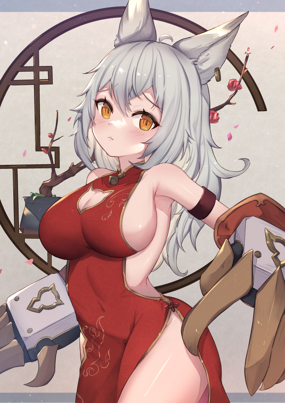 1girl ahoge animal_ears arm_strap backless_dress backless_outfit bell breasts brown_eyes china_dress chinese_clothes clawed_gauntlets cleavage_cutout clothing_cutout covered_navel dress earrings erune granblue_fantasy grey_hair highres jewelry large_breasts long_hair sen_(granblue_fantasy) single_earring uneg