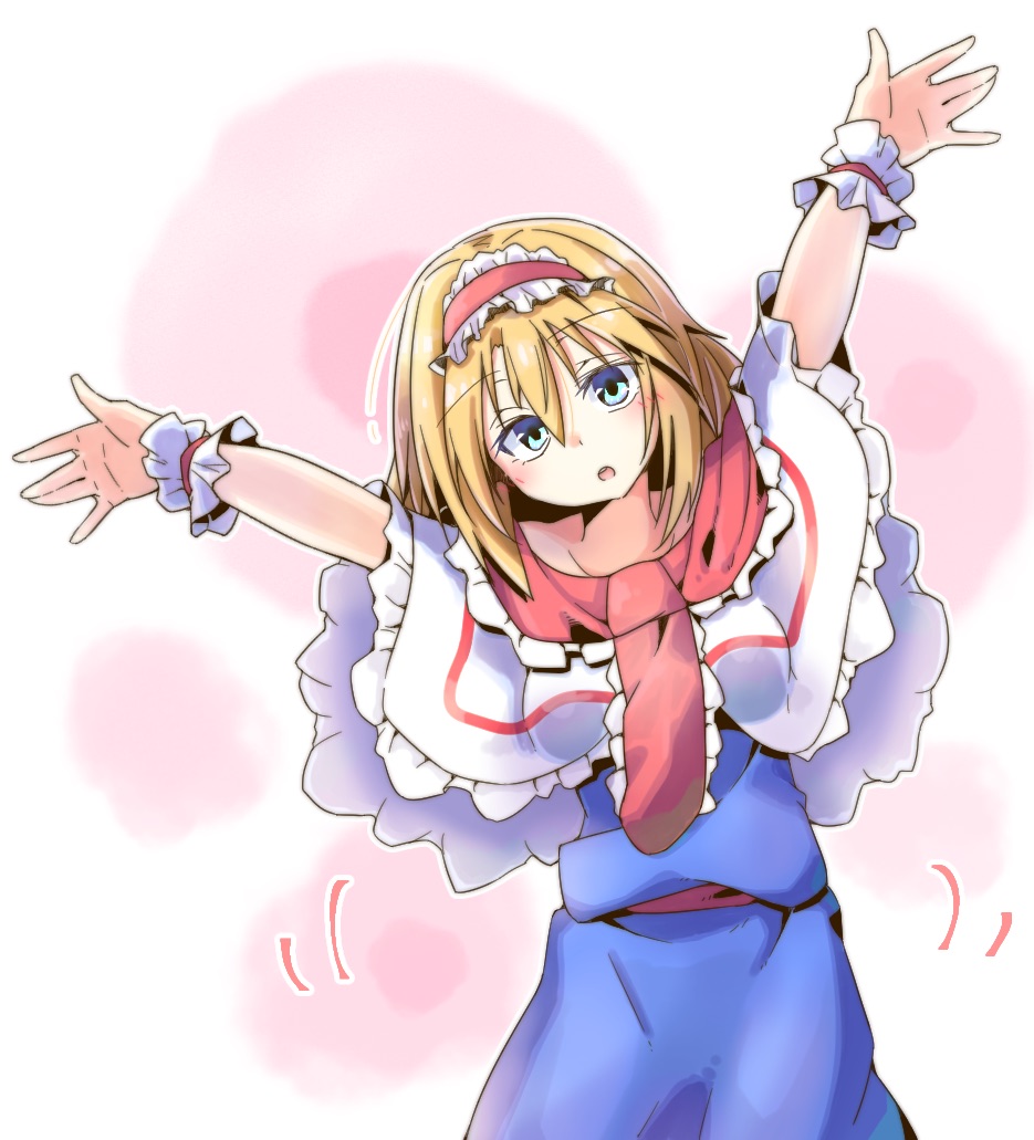 1girl \||/ alice_margatroid arms_up bangs blonde_hair blue_dress blue_eyes blush capelet commentary_request dondyuruma dress eyebrows_visible_through_hair frilled_capelet frilled_cuffs frilled_hairband frilled_neckwear frills hair_between_eyes hairband head_tilt leaning_to_the_side lolita_hairband looking_at_viewer medium_hair motion_lines necktie open_mouth outline outstretched_arms red_hairband red_necktie red_sash sash solo touhou white_capelet wrist_cuffs