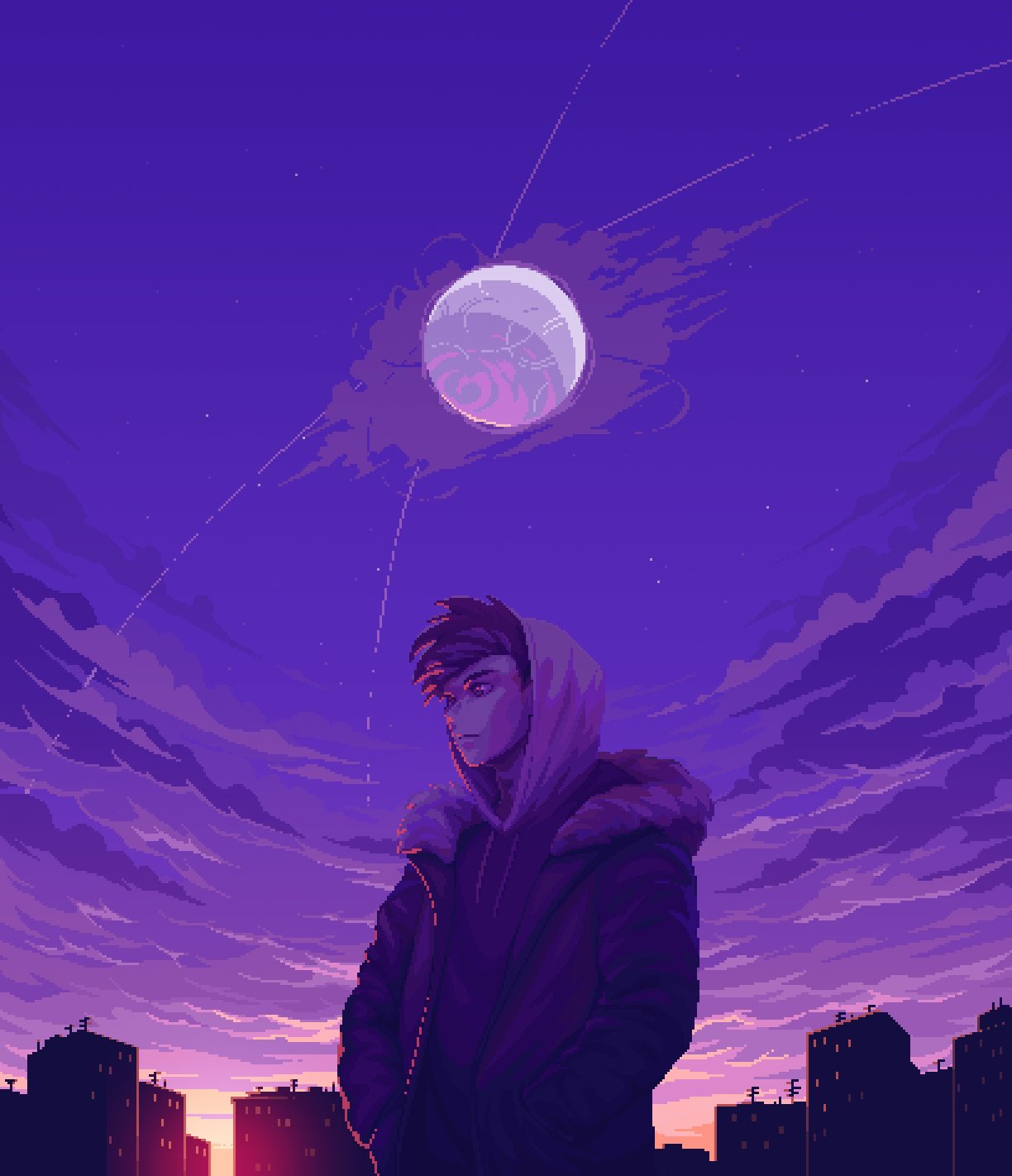 1boy brown_hair building city closed_mouth clouds cloudy_sky coat fur-trimmed_coat fur_trim hands_in_pockets highres hood ioruko male_focus messy_hair moon night night_sky original pixel_art purple_sky red_eyes short_hair sky solo star_(sky) sunset winter_clothes winter_coat