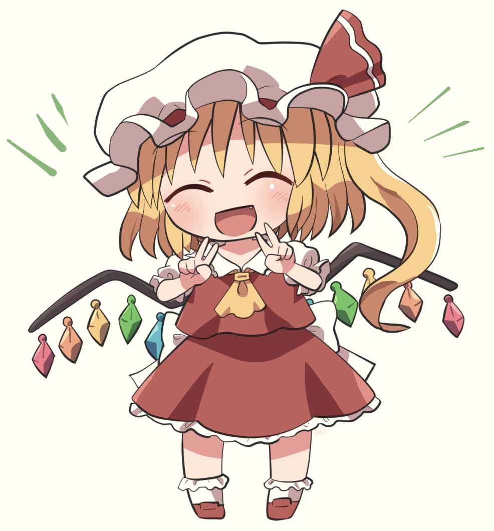 1girl :d ascot bangs blonde_hair crystal double_v eyebrows_visible_through_hair facing_viewer flandre_scarlet full_body hat hat_ribbon mob_cap open_mouth puffy_short_sleeves puffy_sleeves red_footwear red_ribbon red_skirt ribbon rokugou_daisuke short_sleeves simple_background skirt smile solo standing touhou v white_headwear white_legwear wings yellow_ascot yellow_background