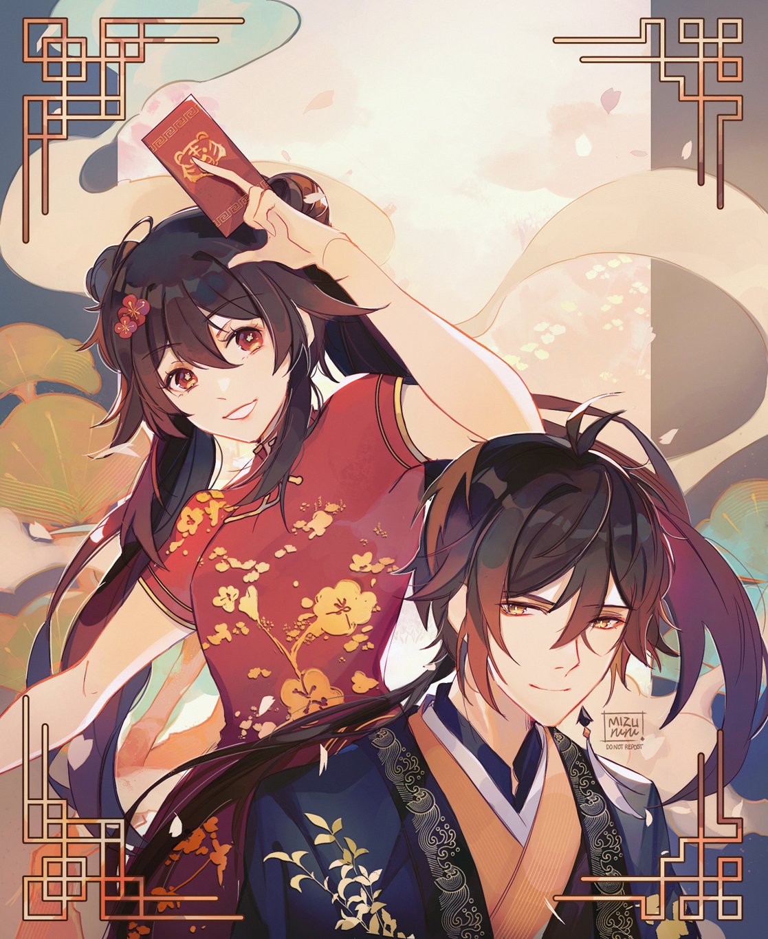 1boy 1girl abstract_background alternate_costume alternate_hairstyle antenna_hair arm_up between_fingers border breasts brown_hair china_dress chinese_clothes chinese_new_year chinese_zodiac closed_mouth commentary double_bun dress earrings eyelashes falling_petals flower flower-shaped_pupils genshin_impact gold_trim hagoromo hair_flower hair_ornament highres hu_tao_(genshin_impact) jewelry lipstick long_hair long_sleeves looking_at_viewer low_ponytail makeup mizururu no_hat no_headwear petals print_dress red_dress shawl short_sleeves single_earring small_breasts smile symbol-shaped_pupils tassel tassel_earrings white_shawl year_of_the_tiger yellow_eyes zhongli_(genshin_impact)
