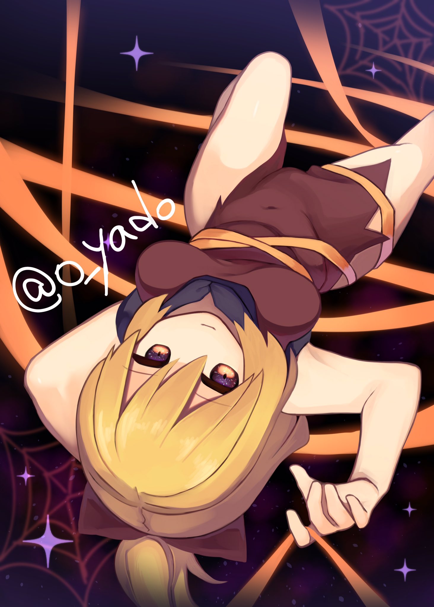 1girl black_shirt blonde_hair bow breasts brown_bow brown_dress brown_eyes closed_mouth commentary_request covered_navel dress hair_bow highres kurodani_yamame legs looking_at_viewer lying medium_breasts on_back ponytail ribbon shirt short_hair short_sleeves silk smile spider_web star_(sky) thighs torn_clothes touhou turtleneck twitter_username yadoyuki yellow_ribbon