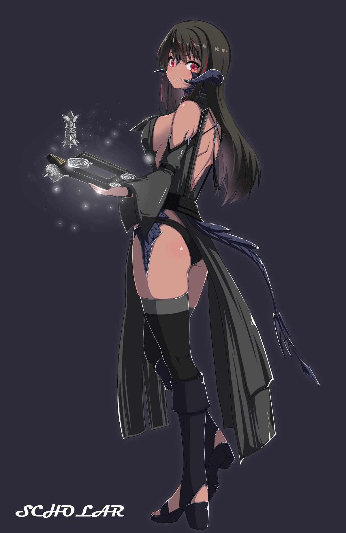 1girl au_ra avatar_(ff14) backless_dress backless_outfit bangs black_background black_hair black_legwear black_panties book breasts dragon_horns dragon_tail dress eyebrows_visible_through_hair final_fantasy final_fantasy_xiv from_side full_body highres horns kaname_nagi large_breasts long_hair looking_at_viewer open_book panties pelvic_curtain red_eyes scales scholar_(final_fantasy) solo tail thigh-highs underwear