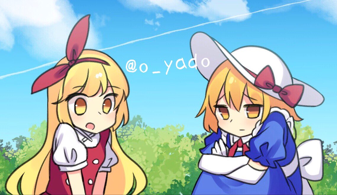 2girls :o apron back_bow blonde_hair blue_dress blush bow bush buttons closed_mouth clouds cloudy_sky collared_dress day dress eyebrows_visible_through_hair fetal_position frills hairband hat hat_bow long_hair multiple_girls open_mouth outdoors puffy_short_sleeves puffy_sleeves red_bow red_hairband red_ribbon red_skirt red_vest ribbon shirt short_sleeves skirt sky sun_hat touhou touhou_(pc-98) twitter_username very_long_hair vest white_bow white_headwear white_shirt yadoyuki yellow_eyes