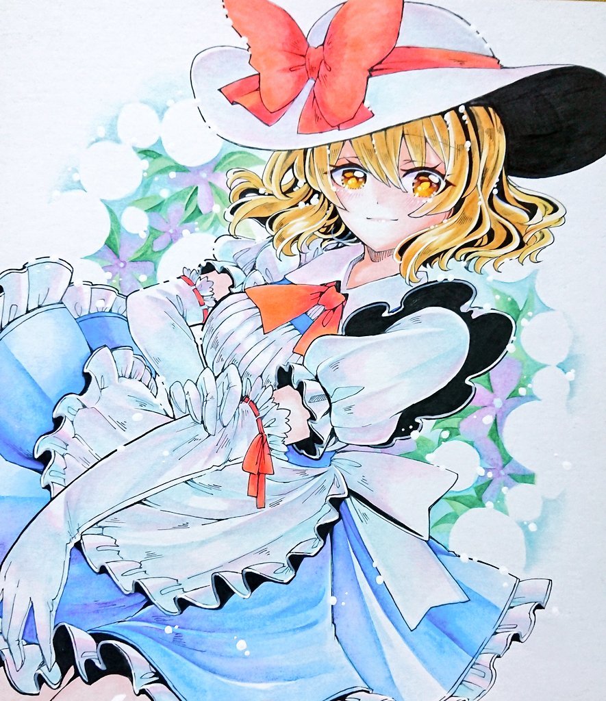 1girl apron back_bow blonde_hair blue_dress bow chaka3464 collared_dress dress elbow_gloves eyelashes flower frilled_apron frilled_dress frills gloves hat hat_bow kana_anaberal puffy_short_sleeves puffy_sleeves red_bow red_ribbon ribbon short_hair short_sleeves smile sun_hat touhou touhou_(pc-98) traditional_media wavy_hair white_apron white_bow white_gloves white_headwear yellow_eyes