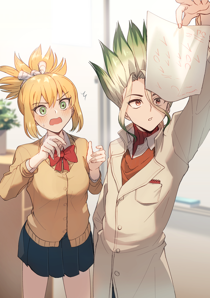 1boy 1girl alternate_costume arm_up bangs black_skirt blonde_hair blurry blurry_background blush bow bowtie cardigan casual collared_shirt cowboy_shot dr._stone embarrassed eyebrows_visible_through_hair gradient_hair green_eyes green_hair hair_between_eyes holding indoors ishigami_senkuu kohaku_(dr._stone) labcoat long_sleeves miniskirt multicolored_hair nanase_(nns_6077) open_mouth orange_sweater pleated_skirt red_bow red_bowtie red_eyes school_uniform shiny shiny_hair shirt silver_hair skirt spiky_hair sweatdrop sweater tied_hair wavy_mouth wing_collar yellow_cardigan