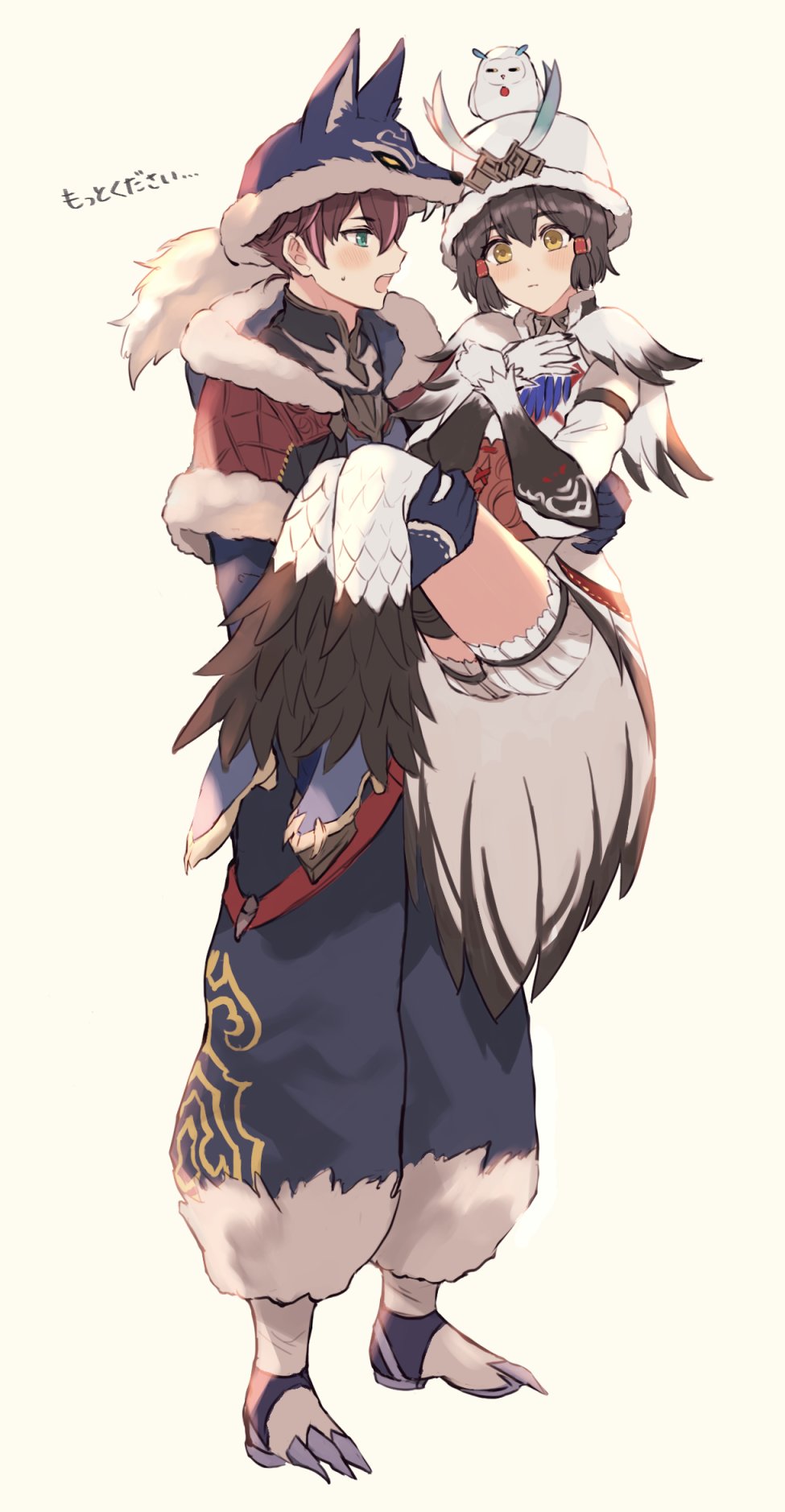 1boy 1girl alternate_costume animal_costume bird black_hair blue_eyes blush carrying claws fururu_(tales) hair_ornament hat highres law_(tales) multicolored_hair official_alternate_costume owl princess_carry rinwell_(tales) short_hair shorts tales_of_(series) tales_of_arise translation_request two-tone_hair wolf_costume wspread yellow_eyes