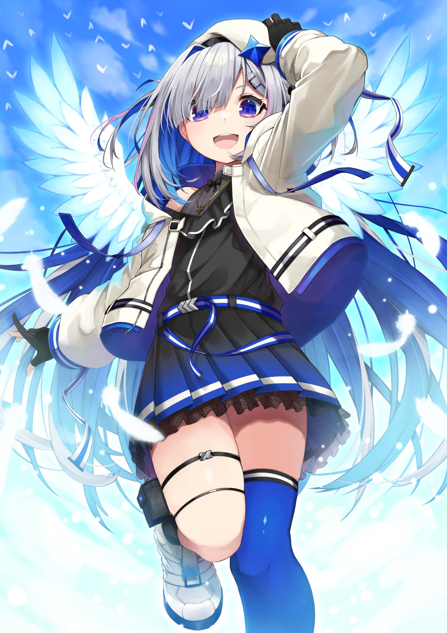 1girl :d amane_kanata angel_wings arm_up bangs black_gloves black_shirt blue_eyes blue_hair blue_legwear colored_inner_hair commentary_request eyebrows_visible_through_hair eyes_visible_through_hair feathers gloves gradient_skirt hat highres hololive hototogisu_(hot_to_gis) jacket long_sleeves looking_at_viewer multicolored_hair open_clothes open_jacket partially_fingerless_gloves pink_hair pleated_skirt shirt shoes silver_hair single_thighhigh skirt smile solo standing standing_on_one_leg streaked_hair thigh-highs thigh_strap virtual_youtuber white_footwear white_headwear white_jacket wings