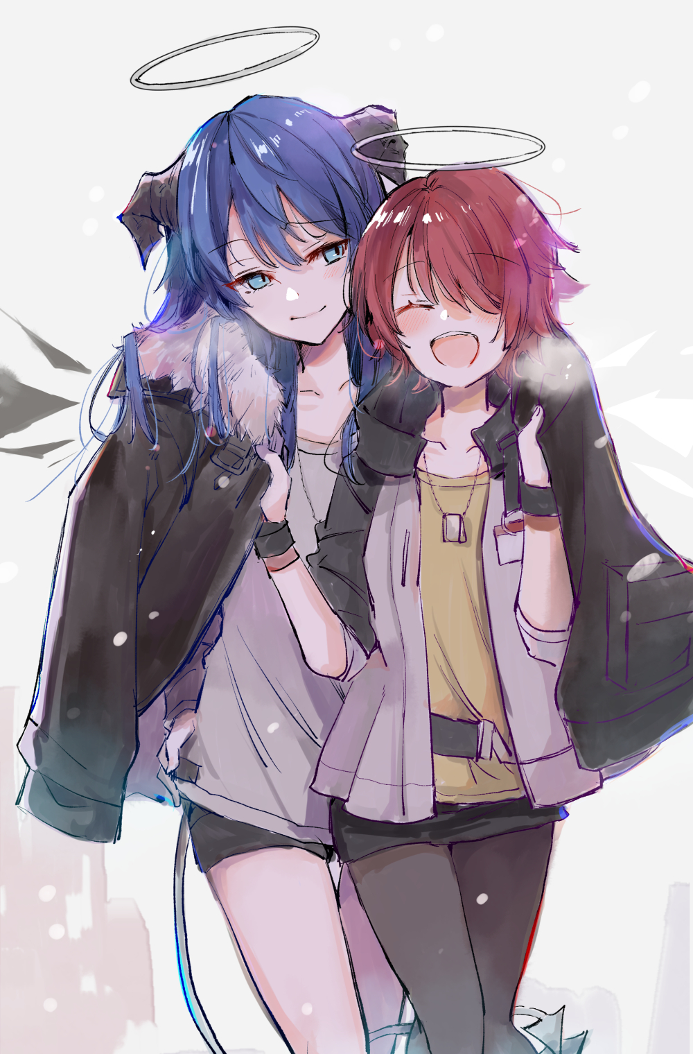 2girls :d ^_^ arknights bangs black_jacket black_legwear black_shorts black_skirt blue_eyes blue_hair blush breath closed_eyes closed_mouth collarbone commentary_request exusiai_(arknights) eyebrows_visible_through_hair fur-trimmed_jacket fur_trim grey_background hair_between_eyes hair_over_one_eye halo highres horns jacket mito_(go!go!king!) mostima_(arknights) multiple_girls open_clothes open_jacket pantyhose redhead shared_jacket shirt short_shorts shorts skirt smile white_shirt yellow_shirt