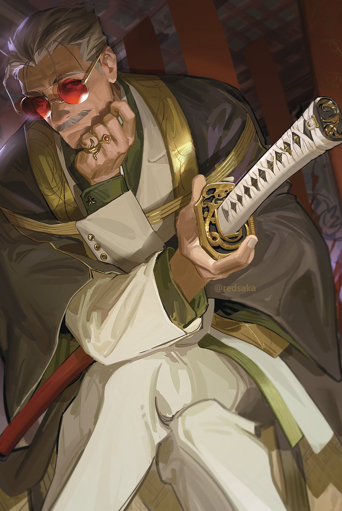 artist_name crossed_legs elbow_on_knee facial_hair grey_hair hair_slicked_back highres indoors japanese_clothes jewelry katana looking_at_viewer mustache old old_man original pants redsakaone ring sheath sheathed sitting sunglasses sword weapon white_pants