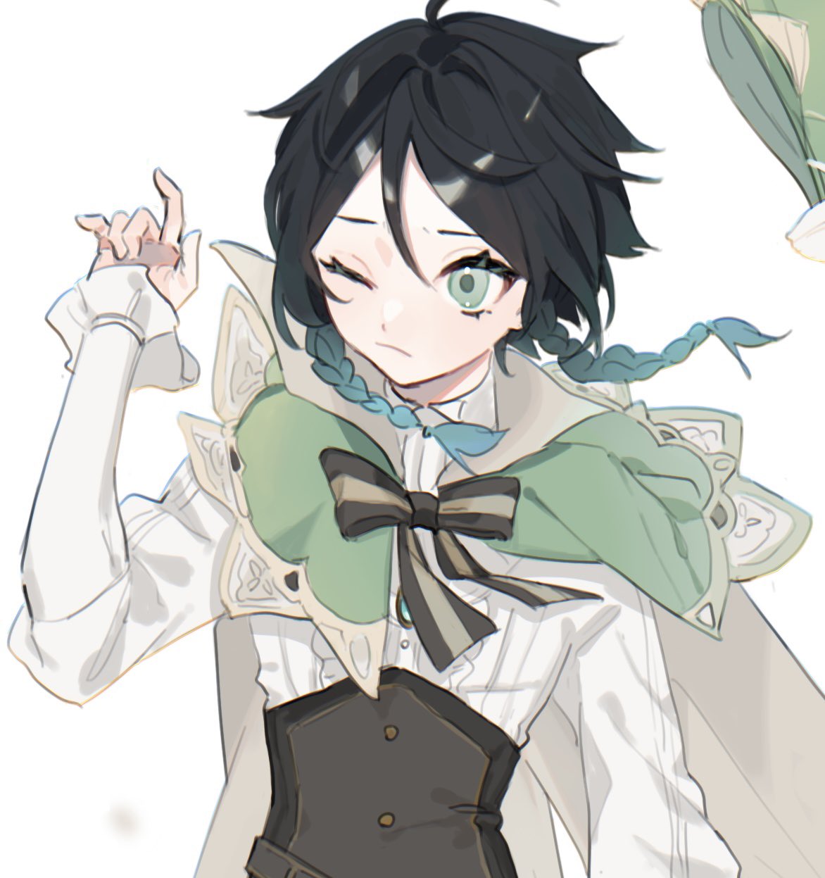 1boy aqua_hair belt black_hair bow brown_bow closed_mouth cropped frilled_sleeves frills genshin_impact gradient gradient_hair green_eyes green_headwear grey_background hair_between_eyes hat highres mono_02 multicolored_hair one_eye_closed simple_background sleeves_past_wrists solo striped striped_bow venti_(genshin_impact) wind