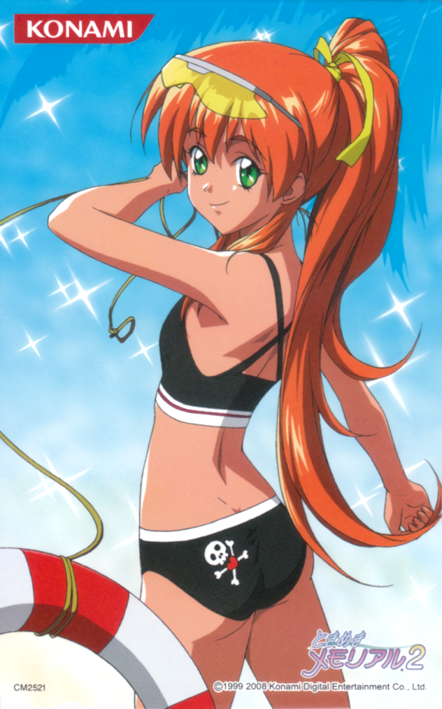 1990s_(style) 1girl akai_homura apple arm_up bangs bikini black_bikini copyright cowboy_shot eyebrows_visible_through_hair eyewear_on_head food fruit green_eyes hair_ribbon high_ponytail kokura_masashi konami lifebuoy logo long_hair non-web_source official_art orange_hair retro_artstyle ribbon skull_and_crossbones skull_print smile solo sparkle_background sunglasses swimsuit tokimeki_memorial tokimeki_memorial_2 yellow-framed_eyewear