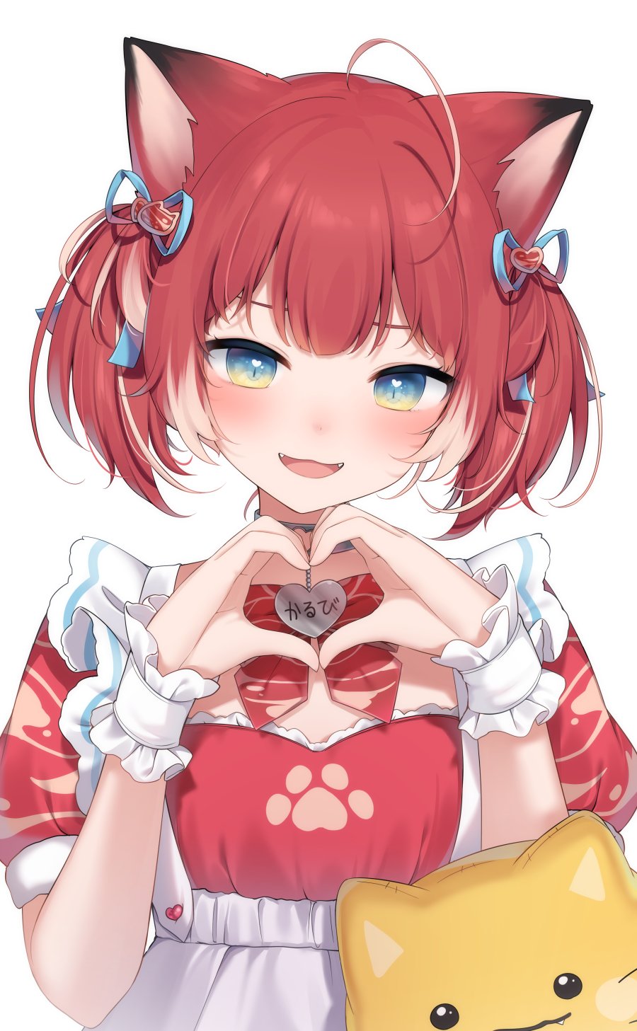 1girl :d ahoge amashiro_natsuki animal_ear_fluff animal_ears apron bangs blue_eyes cat_ears commentary copyright_request dress eyebrows_behind_hair fangs hands_up heart heart_hands highres looking_at_viewer multicolored_hair puffy_short_sleeves puffy_sleeves red_dress redhead short_sleeves simple_background smile solo streaked_hair twintails upper_body white_apron white_background wrist_cuffs