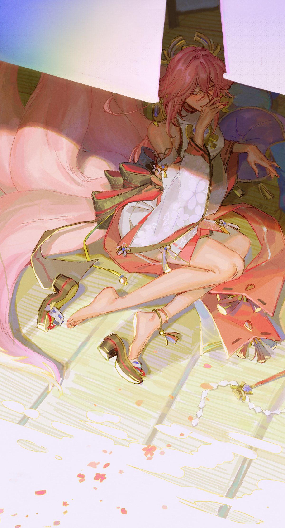 1girl blush detached_sleeves eyebrows_visible_through_hair from_above genshin_impact highres japanese_clothes long_hair mieille miko obiage obijime pillow pink_hair priestess shoes shoes_removed solo violet_eyes wide_sleeves yae_(genshin_impact)