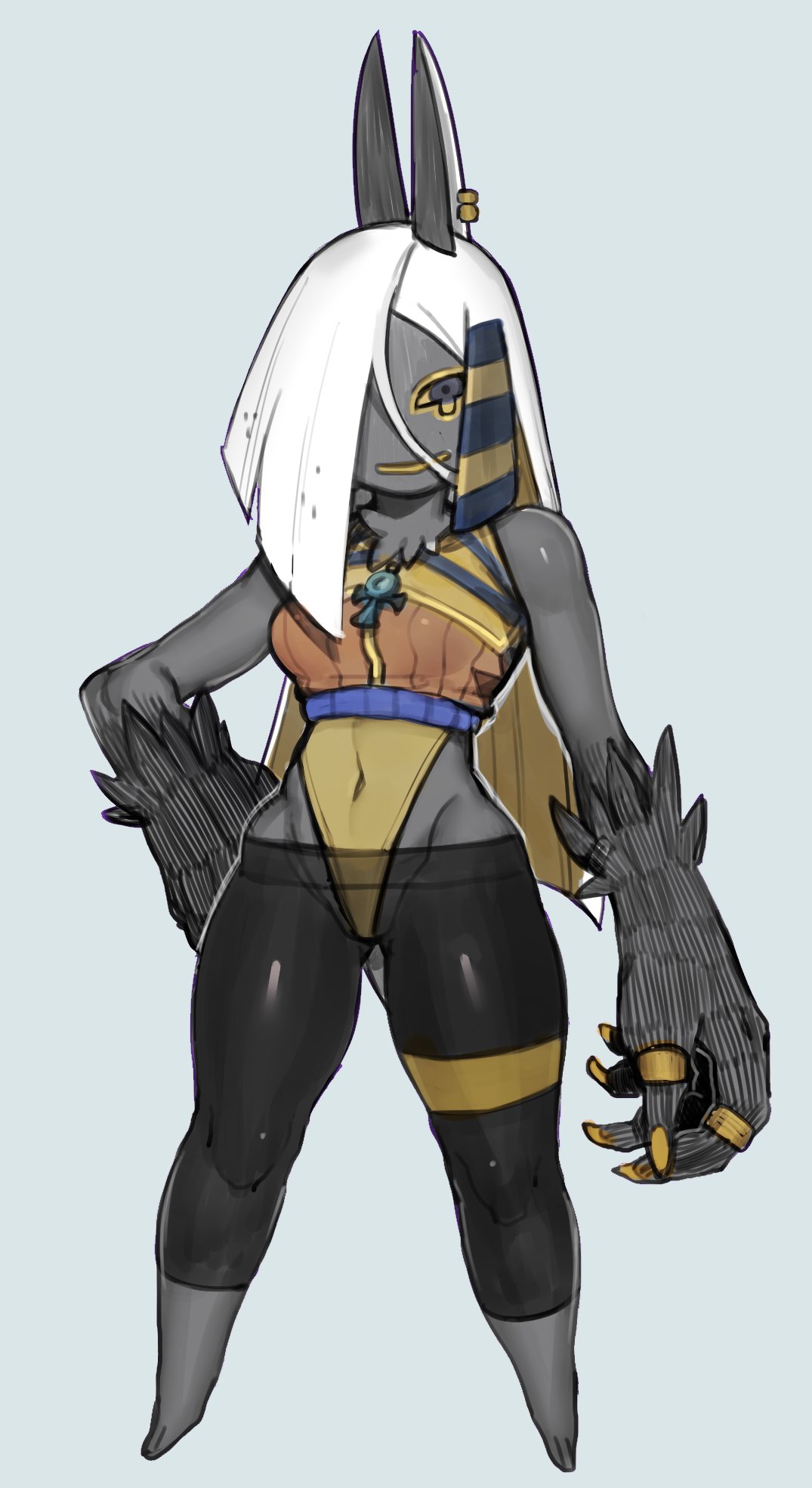 1girl animal_ears animal_hands ankh ankh_necklace anu_(bugita) bare_shoulders barefoot blue_background blue_eyes bugita claws colored_sclera colored_skin covered_navel ear_piercing egyptian fingernails furry furry_female grey_skin hair_over_one_eye hand_on_hip highres jewelry leotard light_blue_background long_fingernails long_hair necklace original parted_lips piercing ring see-through sharp_fingernails simple_background smile solo standing thumb_ring white_hair yellow_nails yellow_sclera