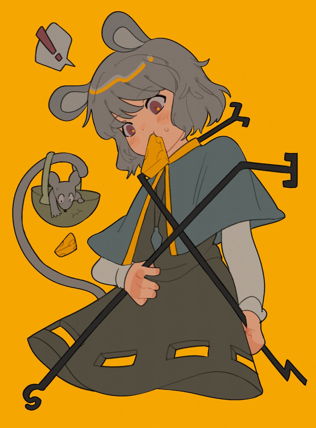 ! 1girl animal_ears artist_request basket biting capelet cheese dress eating food grey_dress grey_hair highres jewelry mouse_ears nazrin pendant prehensile_tail rat rbfnrbf_(mandarin) red_eyes short_hair simple_background speech_bubble sweatdrop tail touhou yellow_background