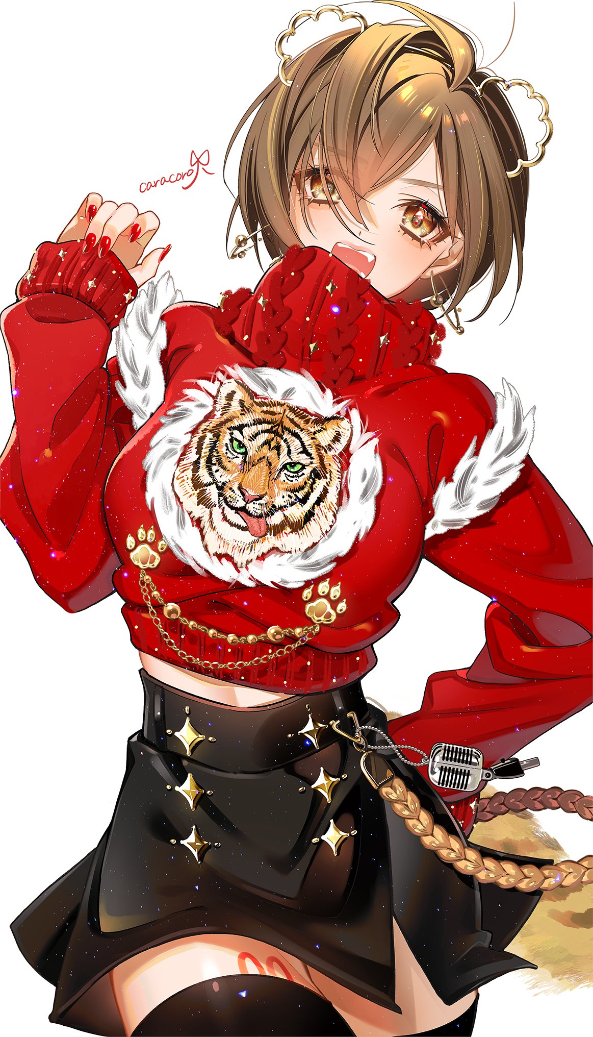 1girl animal_print brown_eyes brown_hair earrings hair_ornament hand_up highres jewelry karakoro long_sleeves meiko open_mouth short_hair solo sweater thigh-highs tiger tiger_print vocaloid