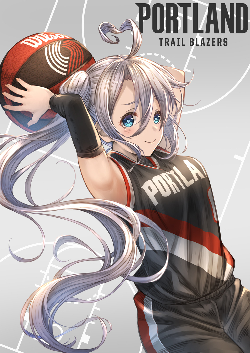 1girl ahoge arm_warmers armpits arms_behind_head arms_up azur_lane ball bangs bare_shoulders basketball basketball_court basketball_uniform black_shirt black_shorts blue_eyes blush breasts closed_mouth clothes_writing commentary cowboy_shot eyebrows_visible_through_hair floating_hair hair_between_eyes heart heart-shaped_pupils heart_ahoge highres holding holding_ball large_breasts long_hair looking_at_viewer national_basketball_association nike portland_(azur_lane) portland_trail_blazers shirt shirt_tucked_in shorts side_ponytail sidelocks silver_hair single_arm_warmer sleeveless sleeveless_shirt smile solo sportswear symbol-shaped_pupils very_long_hair white_background wilson_sporting_goods yakkuro