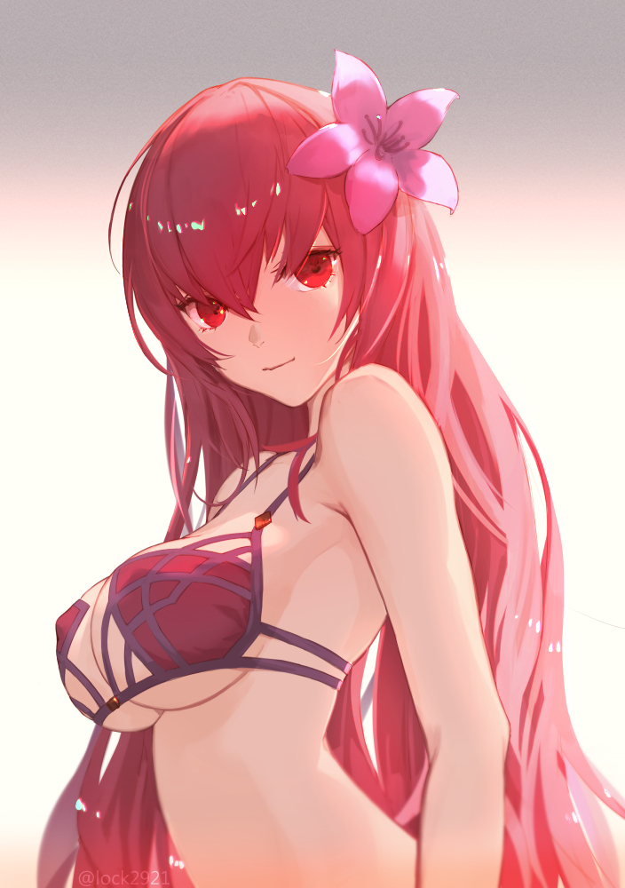 1girl artist_name backlighting bare_shoulders bikini breasts closed_mouth commentary_request fate/grand_order fate_(series) flower gradient gradient_background hair_flower hair_ornament large_breasts long_hair looking_at_viewer pink_flower purple_bikini red_eyes redhead scathach_(fate) scathach_(swimsuit_assassin)_(fate) smile solo swimsuit tenshin_kagehisa twitter_username under_boob upper_body very_long_hair white_background
