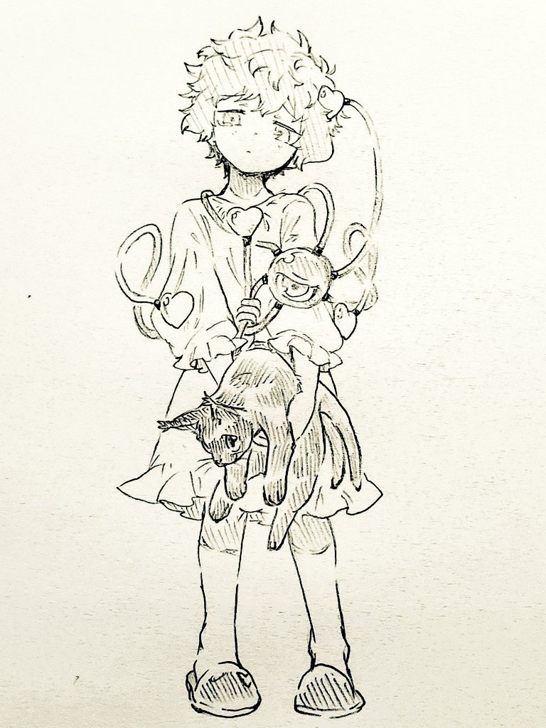 1girl :| alternate_costume animal bare_legs blush cat closed_mouth commentary frilled_nightgown frilled_sleeves frills furrowed_brow graphite_(medium) greyscale hair_between_eyes hair_ornament head_tilt heart heart_hair_ornament holding holding_animal holding_cat kaenbyou_rin kaenbyou_rin_(cat) komeiji_satori looking_at_viewer menotama messy_hair monochrome multiple_tails nightgown own_hands_together short_hair slippers solo standing tail third_eye touhou traditional_media two_tails v_arms whiskers