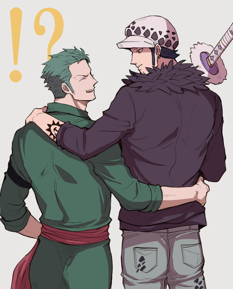 !? 2boys ^_^ ^o^ black_hair closed_eyes from_behind green_hair hand_on_another's_hip hand_on_another's_shoulder hat holding holding_sword holding_weapon looking_at_another male_focus multiple_boys one_piece roronoa_zoro sheath sheathed shido simple_background sleeves_rolled_up sword trafalgar_law weapon
