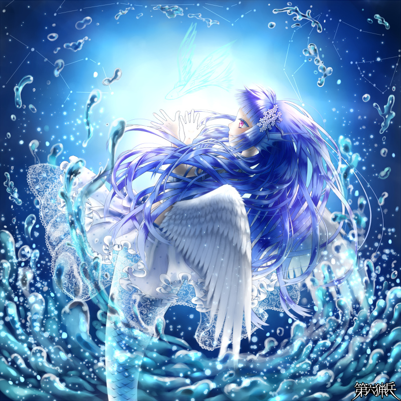 1girl blue_background blue_hair blue_theme character_request constellation copyright_name dairoku_ryouhei feathered_wings frilled_skirt frills head_fins logo long_hair mermaid monster_girl official_art skirt solo u3_(pixiv832164) violet_eyes water white_skirt white_wings wings