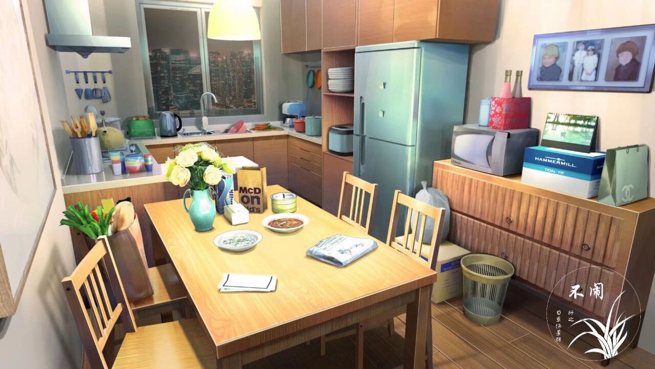 bag brown_bag chair counter dining_room flower frying_pan indoors kitchen no_humans original paper_bag plant plate potted_plant scenery sink table trash trash_can utensil wooden_chair wooden_floor xingzhi_lv