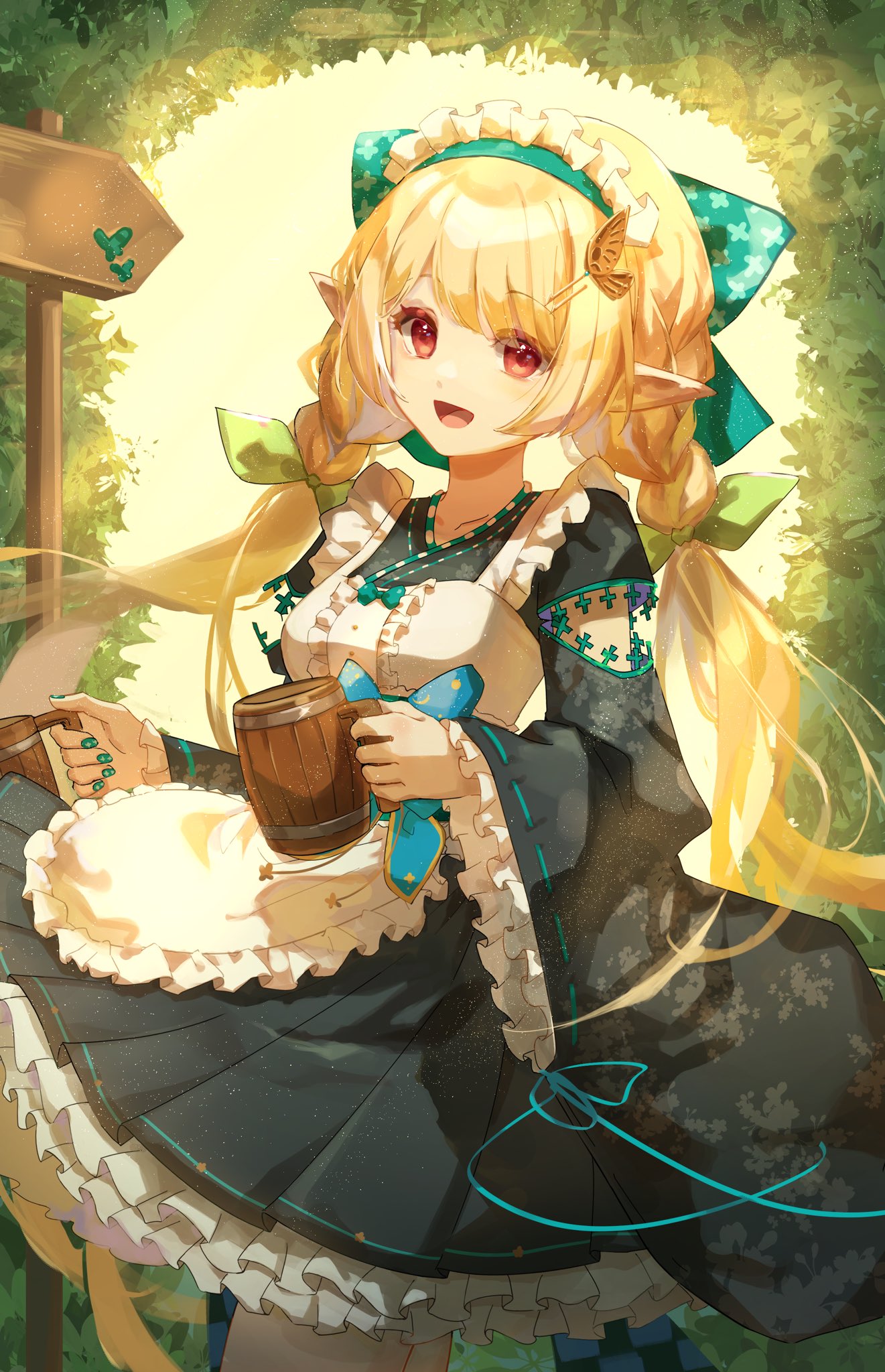 1girl a_ji apron bangs bare_legs black_dress blonde_hair blurry bokeh bow braid clothing_cutout commentary cowboy_shot cup depth_of_field dress eyebrows_visible_through_hair frilled_apron frilled_dress frills green_bow green_nails hair_bow highres holding holding_cup long_sleeves looking_at_viewer maid maid_headdress mug nijisanji nijisanji_en open_mouth outdoors pointy_ears pomu_rainpuff red_eyes signpost smile solo twin_braids white_apron wide_sleeves